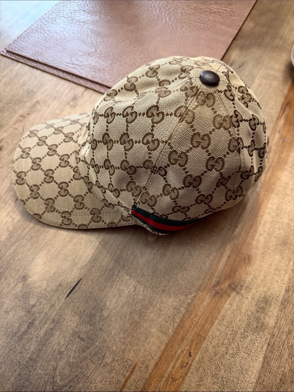 Gucci Tan Monogram Canvas Cap with Green-Red Stripe